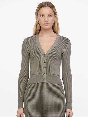 Anine Bing ‘Layla’ Ribbed V-Neck Cardigan - Green, Women’s Large